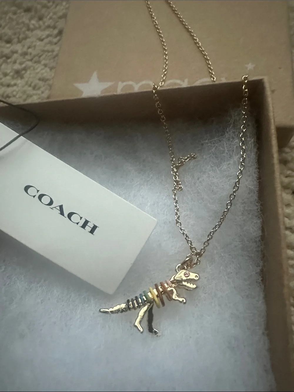 NWT Matching Coach Gold Rainbow Dinosaur Dangle Huggie Earrings and Necklace - Picture 12 of 14
